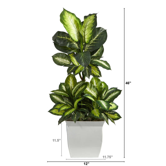 46” Golden Dieffenbachia Artificial Plant in White Metal Planter - Tampa Home & Garden Store