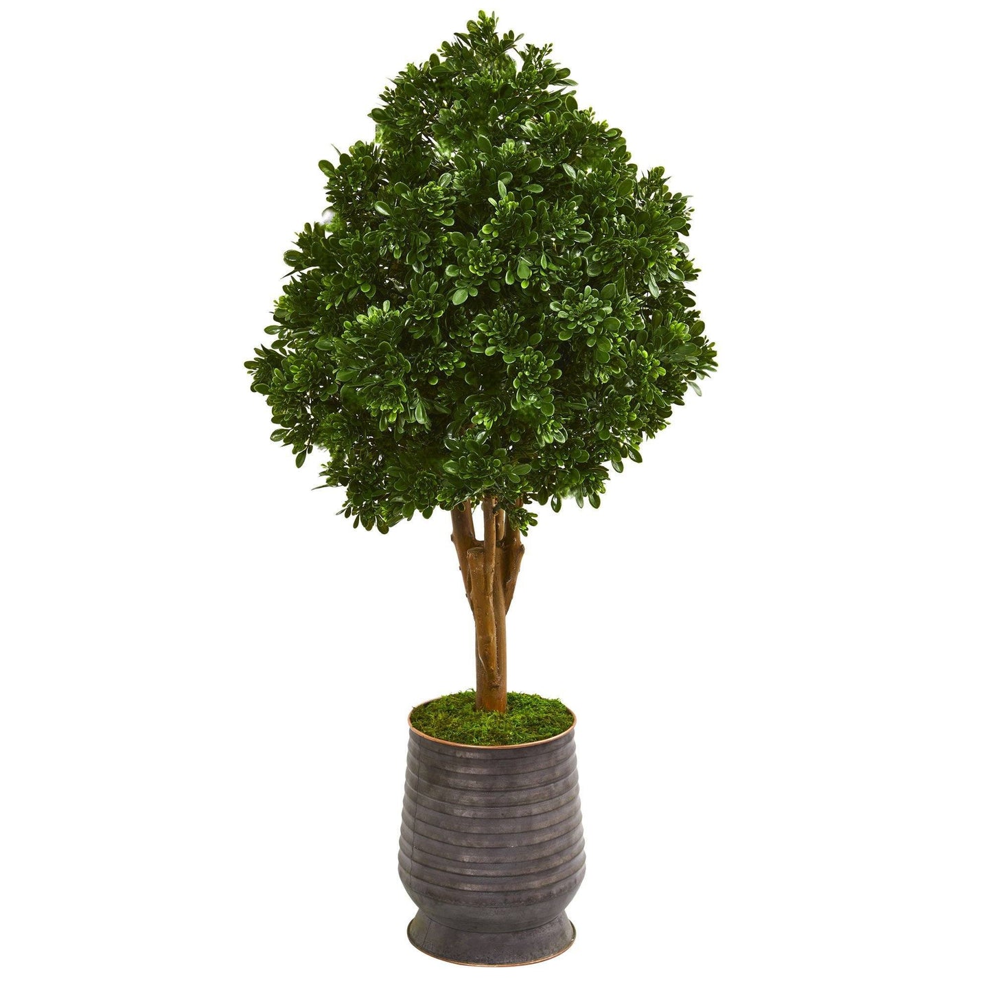 49in Tea Leaf Artificial Tree in ribbed metal planter with brown trunk and green foliage on Tampa Home & Garden Store