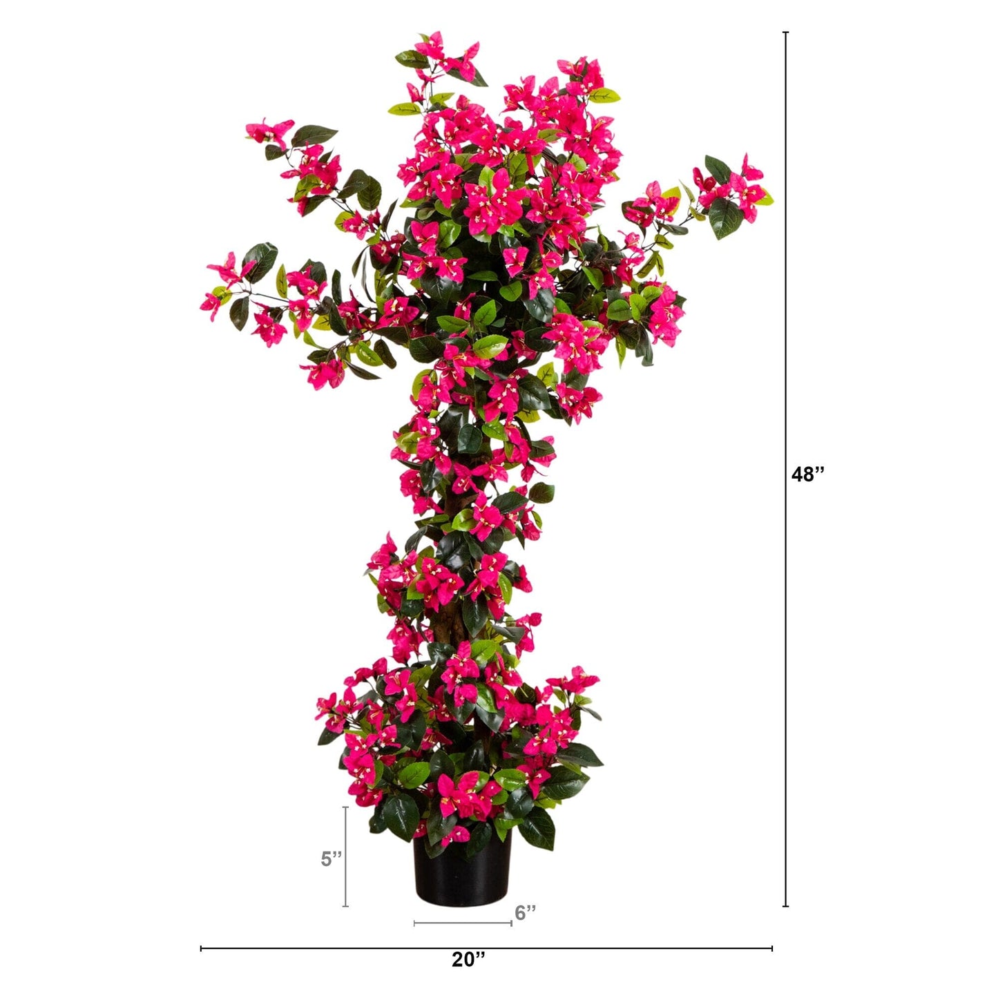 4' UV resistant artificial spiral bougainvillea tree pink blooms green leaves in black pot on Tampa Home & Garden Store