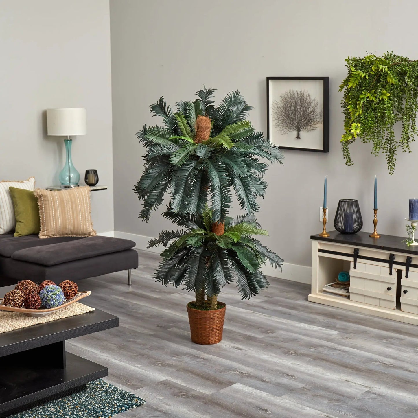 Double Sago Palm Artificial Tree in a woven basket with dark green fronds Nearly Natural on Tampa Home & Garden Store