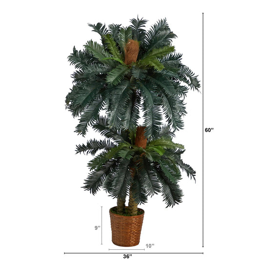 Double Sago Palm artificial tree in woven basket, lush green fronds by Nearly Natural on Tampa Home & Garden Store
