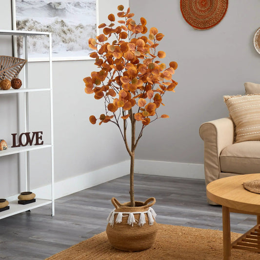 Artificial Autumn Eucalyptus Tree in a jute basket with tassels, orange-brown leaves on Tampa Home & Garden Store