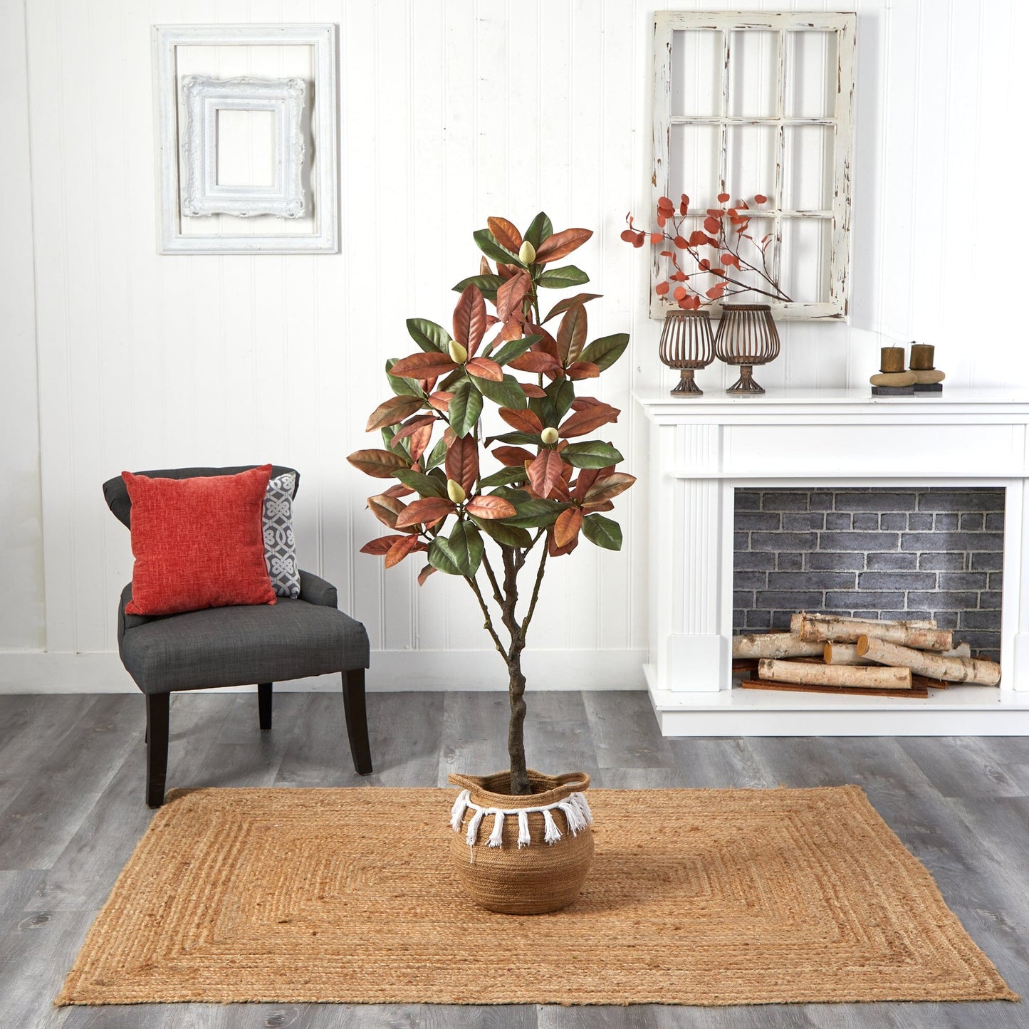 Nearly Natural 5 ft artificial fall magnolia tree in a woven jute basket on Tampa Home & Garden Store