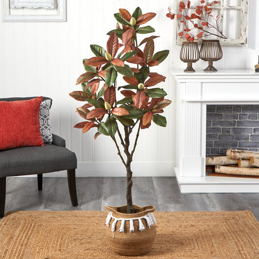 5’ Artificial Fall Magnolia Tree with Handmade Jute & Cotton Basket with Tassels