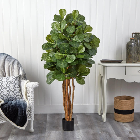 Artificial fiddle leaf fig tree, five feet tall, Nearly Natural with green leaves in planter on Tampa Home & Garden Store