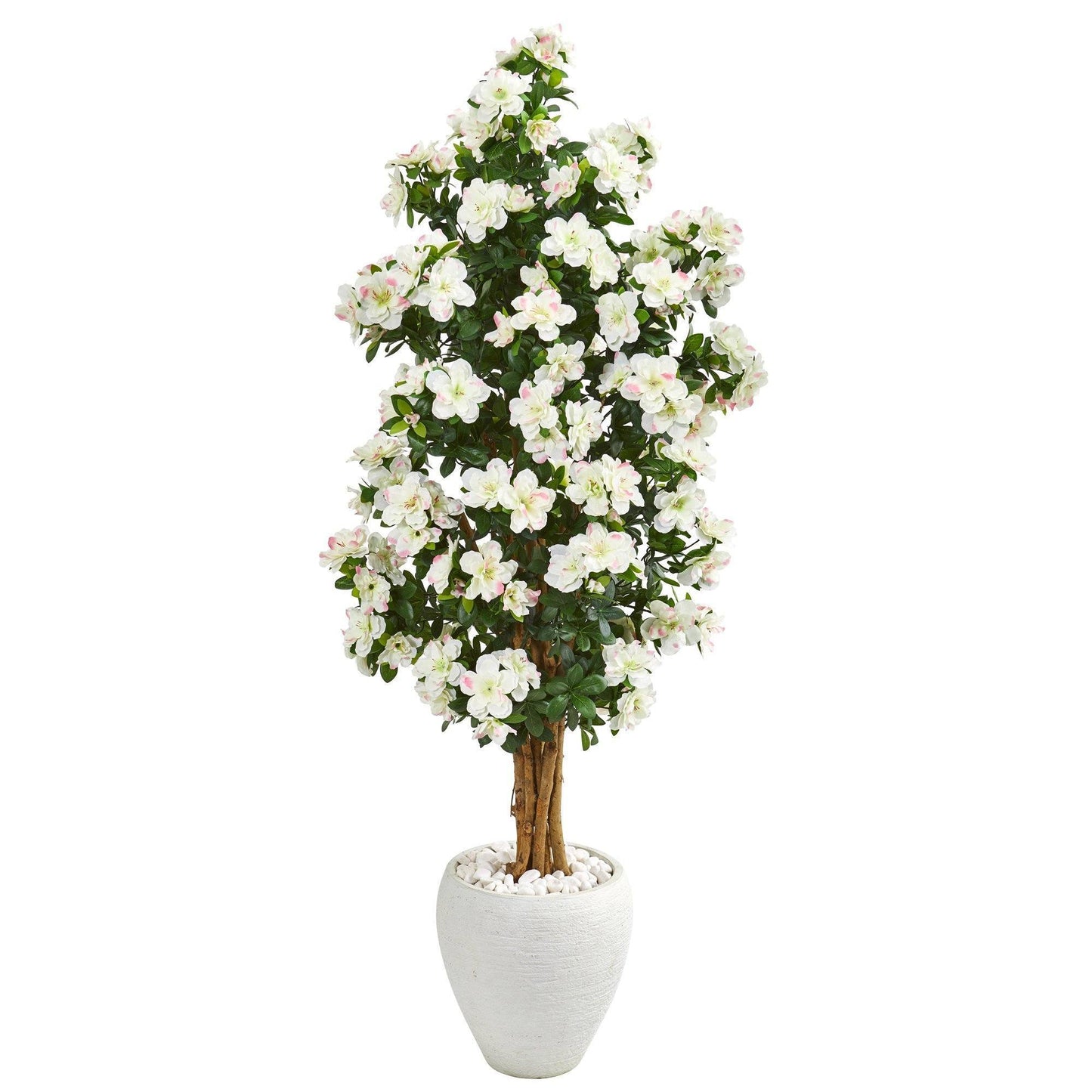 5 ft azalea artificial tree in white planter by Nearly Natural with white pebbles on Tampa Home & Garden Store