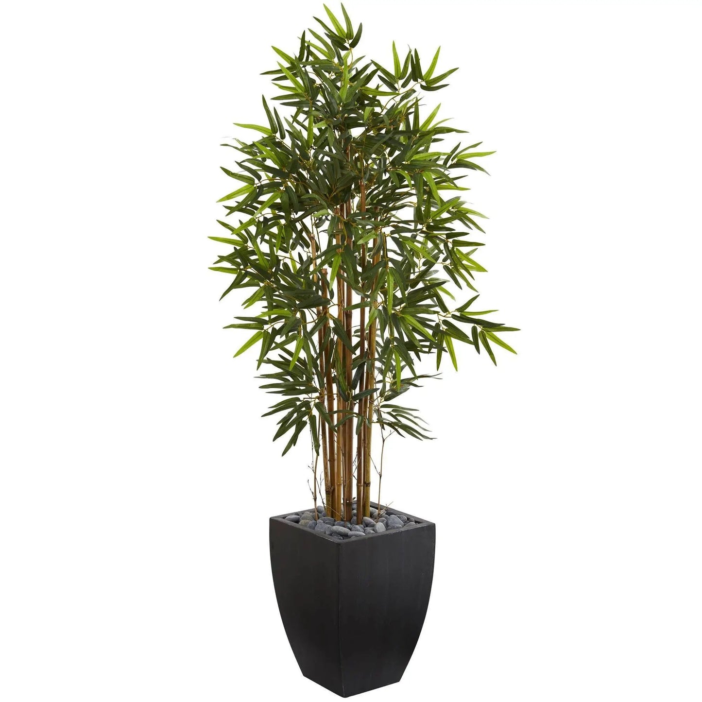 5 ft bamboo artificial tree in a black wash planter with gray decorative stones on Tampa Home & Garden Store