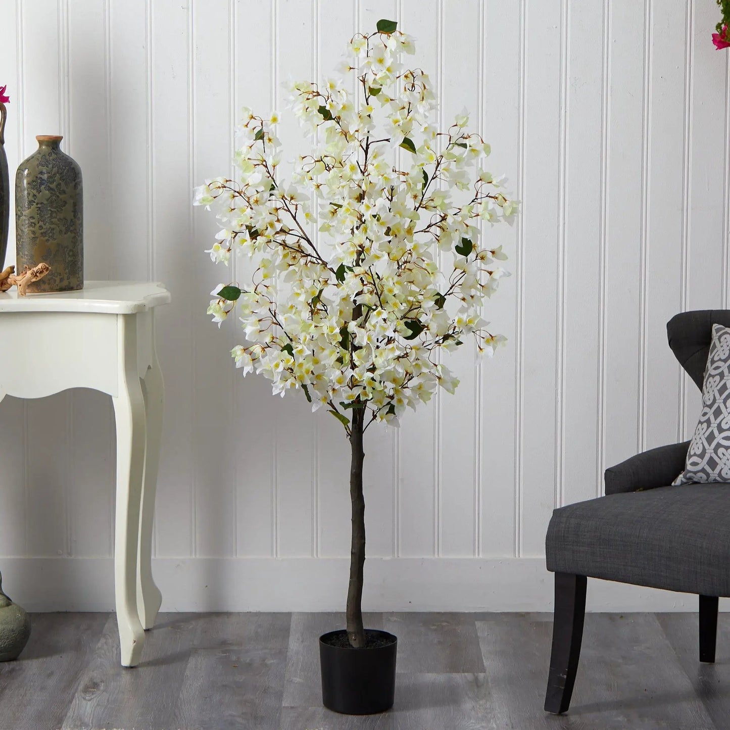 Bougainvillea Artificial Tree, white blossoms on brown stems on Tampa Home & Garden Store