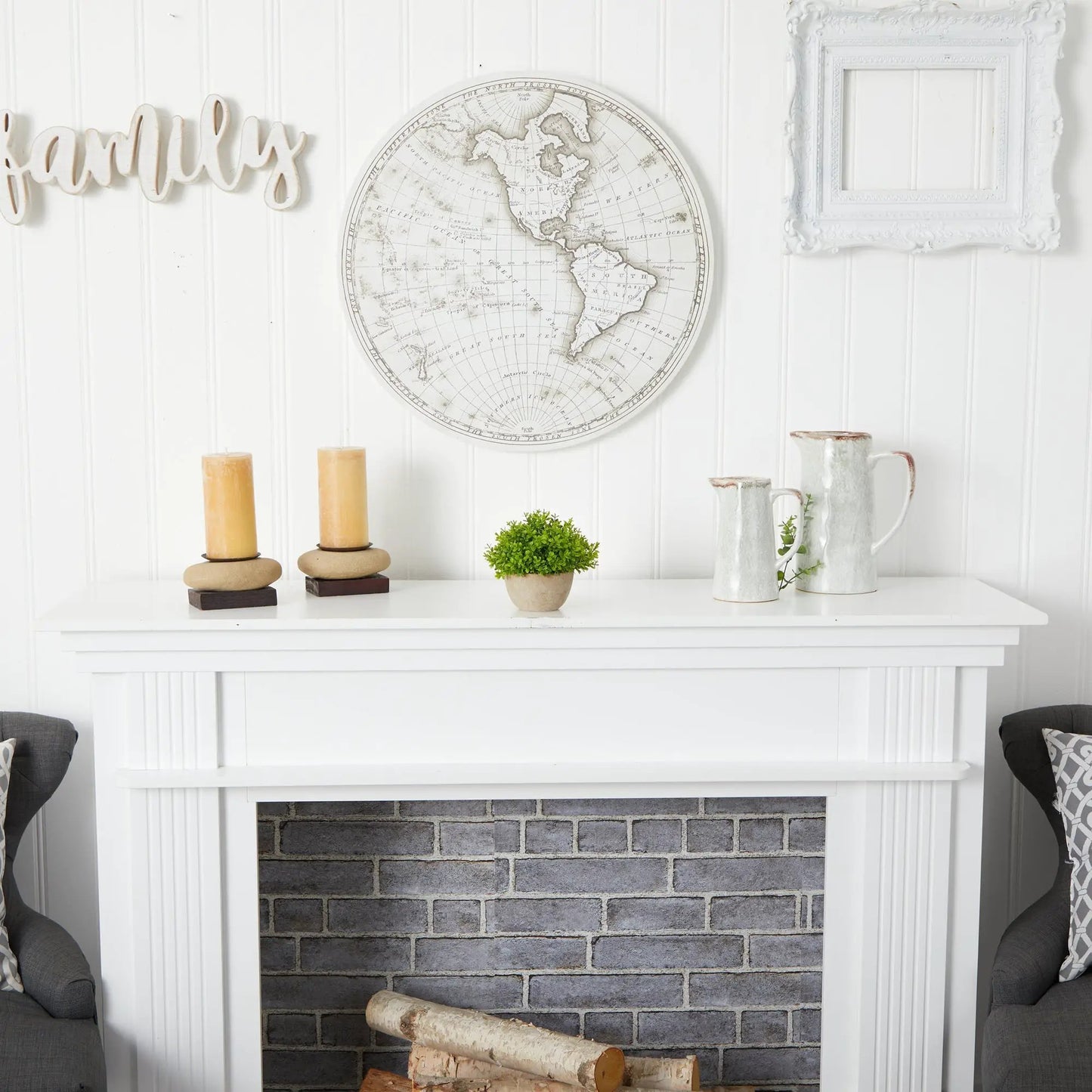 Boxwood artificial plant in decorative beige planter on white mantel on Tampa Home & Garden Store