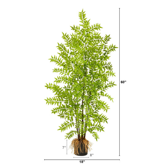 5 Foot Bracken Fern Artificial Tree by Nearly Natural in black pot with burlap wrap green fronds on Tampa Home & Garden Store