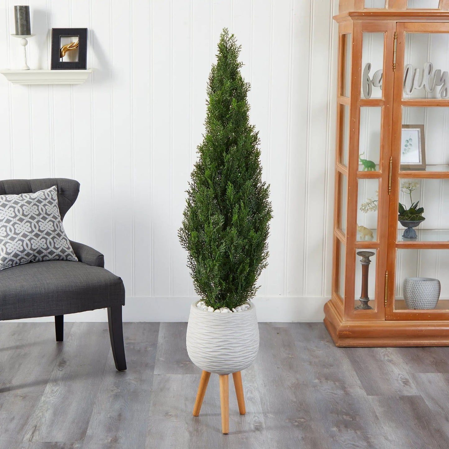 Five Foot Cedar Artificial Tree in White Planter with white rocks, Nearly Natural on Tampa Home & Garden Store