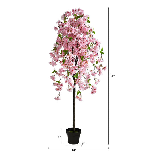 Five Foot Artificial Pink Cherry Blossom Tree in a black planter with lush pink blossoms on Tampa Home & Garden Store