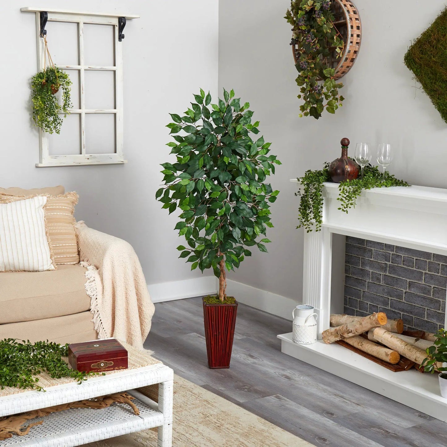 5 ft Ficus artificial tree in bamboo planter with green leaves by Nearly Natural on Tampa Home & Garden Store