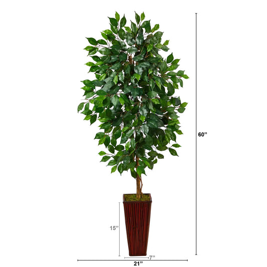 5 ft Ficus Artificial Tree in Bamboo Planter by Nearly Natural with lush green leaves on Tampa Home & Garden Store