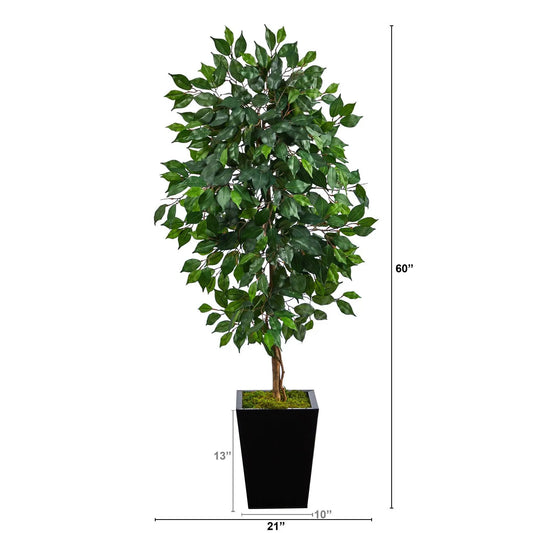 5 ft Ficus artificial tree in a black metal planter with lush dark green leaves and moss bed on Tampa Home & Garden Store