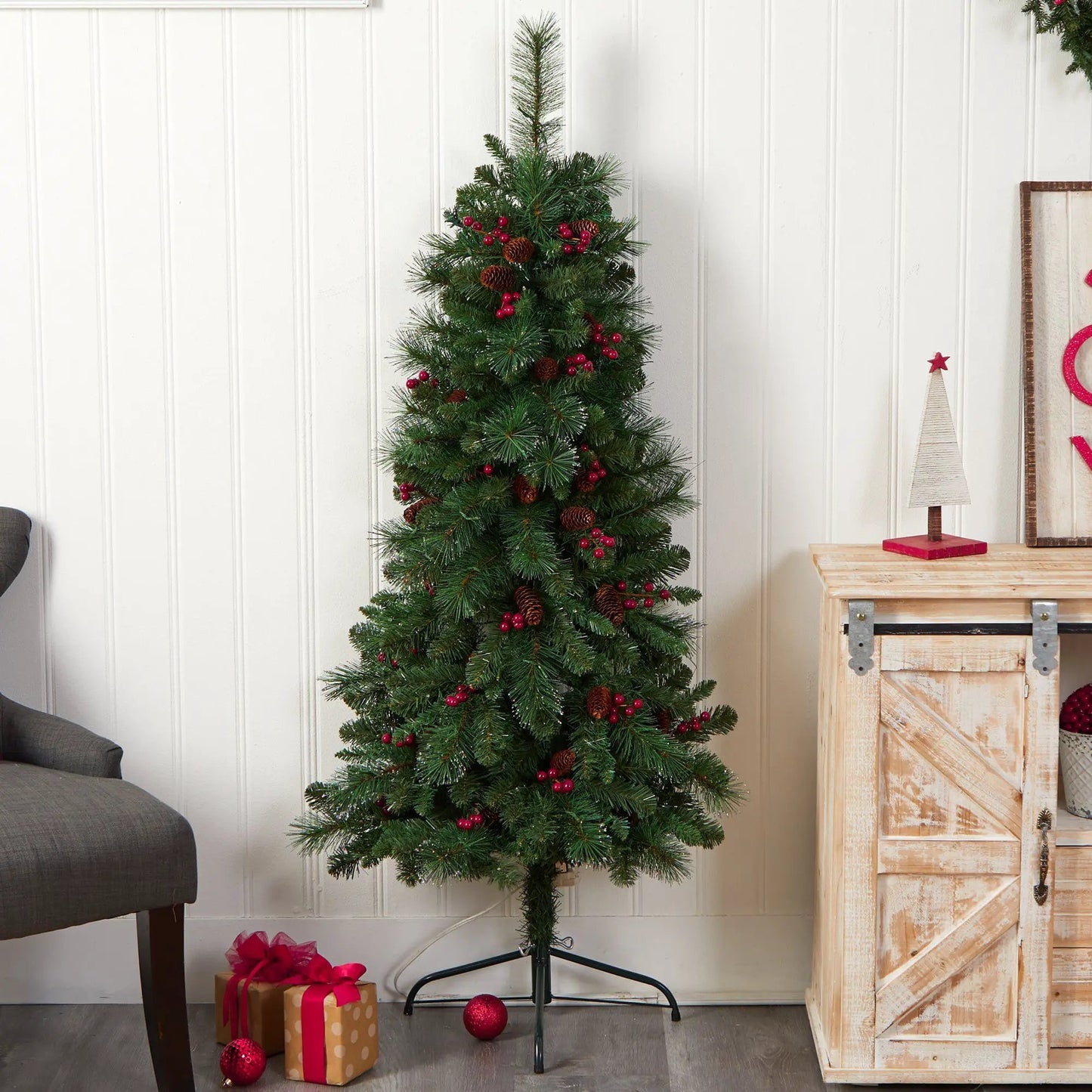 5 ft Montreal Mountain flat-back artificial Christmas tree by Nearly Natural with red berries and cones on Tampa Home & Garden Store