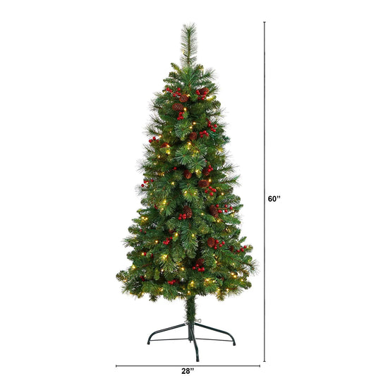 Montreal Mountain 5 ft Flat Back Christmas Tree by Nearly Natural with pine cones and berries on Tampa Home & Garden Store