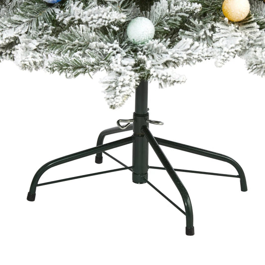 Flocked Mountain Fir Christmas Tree with black metal stand, snowed branches, and green/gold globe ornaments on Tampa Home & Garden Store