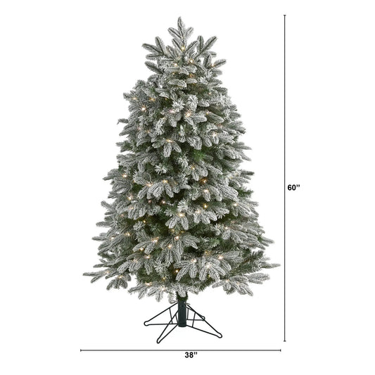 Five Foot Flocked Fir Artificial Tree by Nearly Natural with white lights on metal stand on Tampa Home & Garden Store