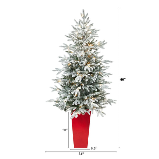 Five Foot Flocked Manchester Spruce Tree in red planter with warm lights Nearly Natural on Tampa Home & Garden Store