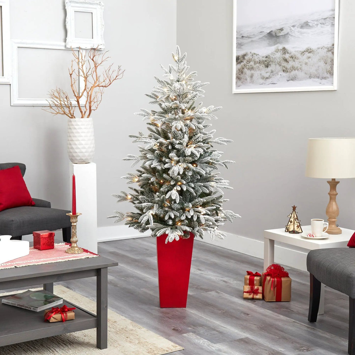 Five Foot Flocked Manchester Spruce in red planter with frosted branches by Nearly Natural on Tampa Home & Garden Store