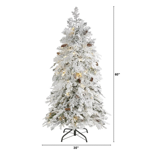 Five Foot Flocked Montana Christmas Tree with lights and pinecones by Nearly Natural on Tampa Home & Garden Store
