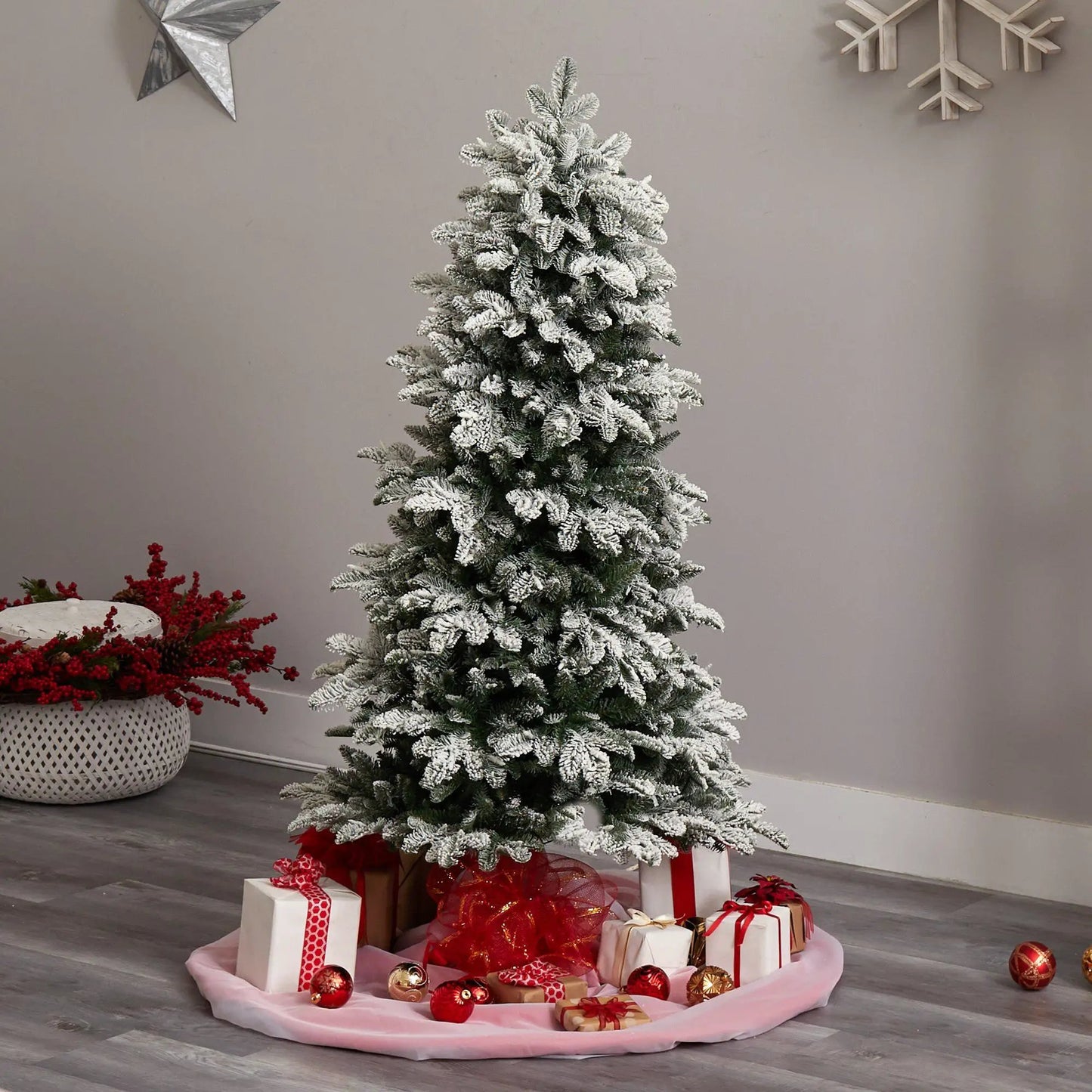 Flocked NC Fir Christmas Tree with 350 lights, Nearly Natural artificial tree on Tampa Home & Garden Store