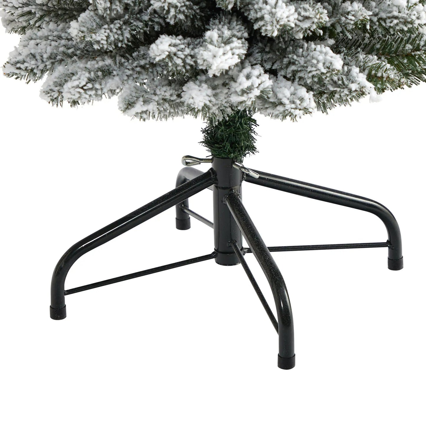 Flocked pencil Christmas tree with snow-dusted needles on a black metal stand on Tampa Home & Garden Store