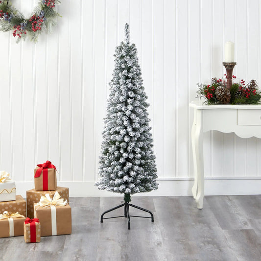 Nearly Natural 5 ft Flocked Pencil Christmas Tree, 318-branch snowy conifer on metal stand on Tampa Home & Garden Store