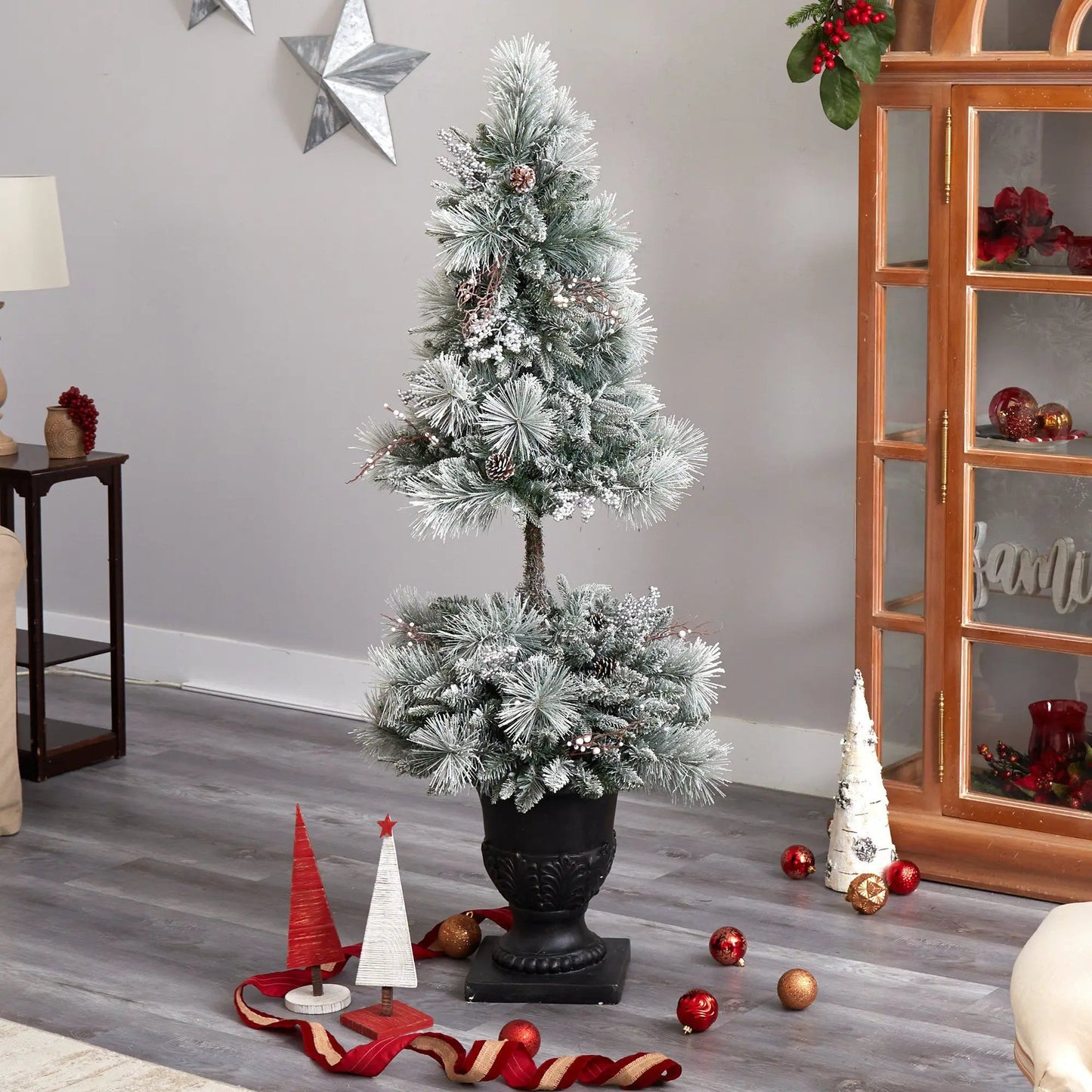 5’ Flocked Porch Christmas Tree with 100 LED Lights and 186 Bendable Branches in Decorative Urn - Tampa Home & Garden Store