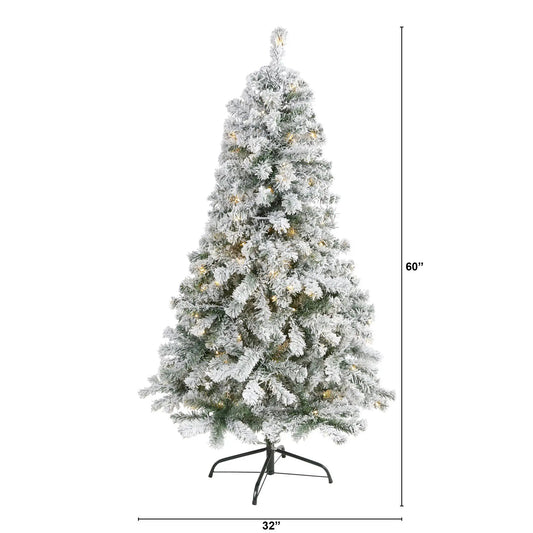 5 ft Nearly Natural flocked spruce Christmas tree with LED lights on metal stand on Tampa Home & Garden Store