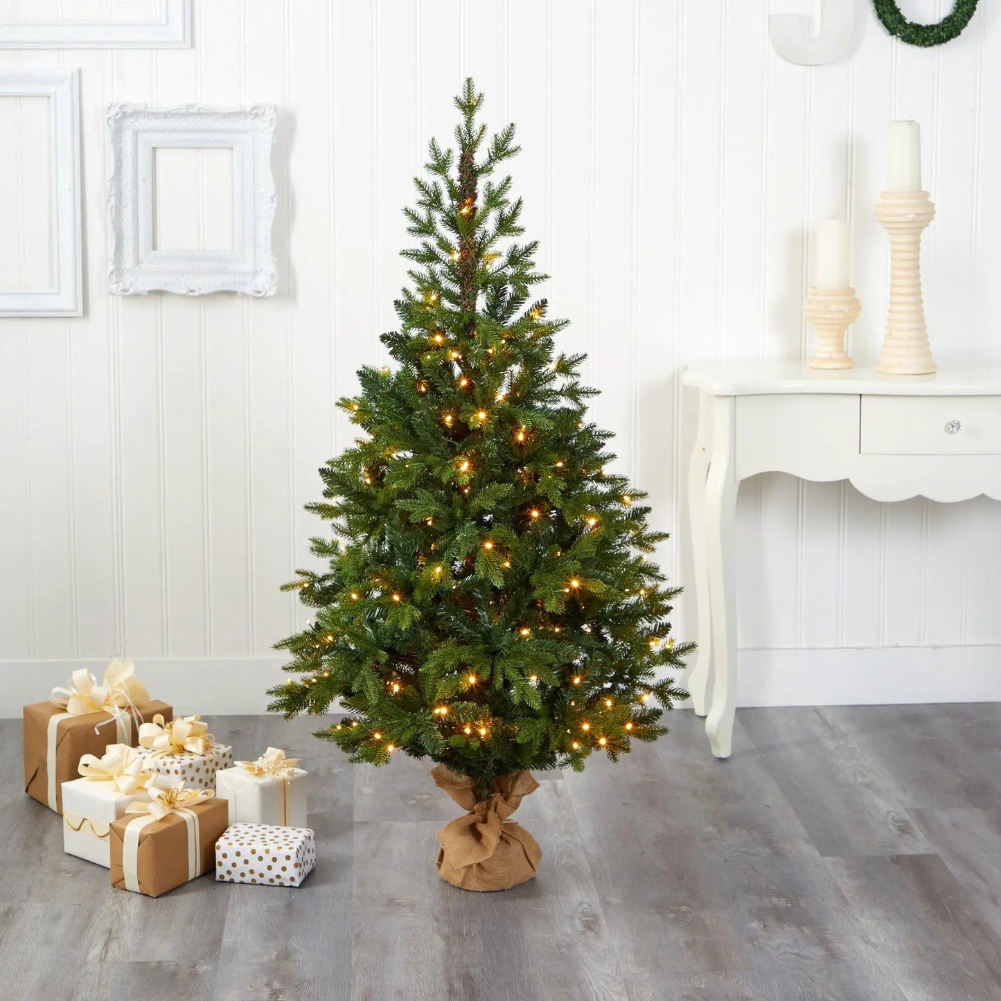 Fraser Fir Natural Look Christmas Tree with warm white lights and burlap base on Tampa Home & Garden Store
