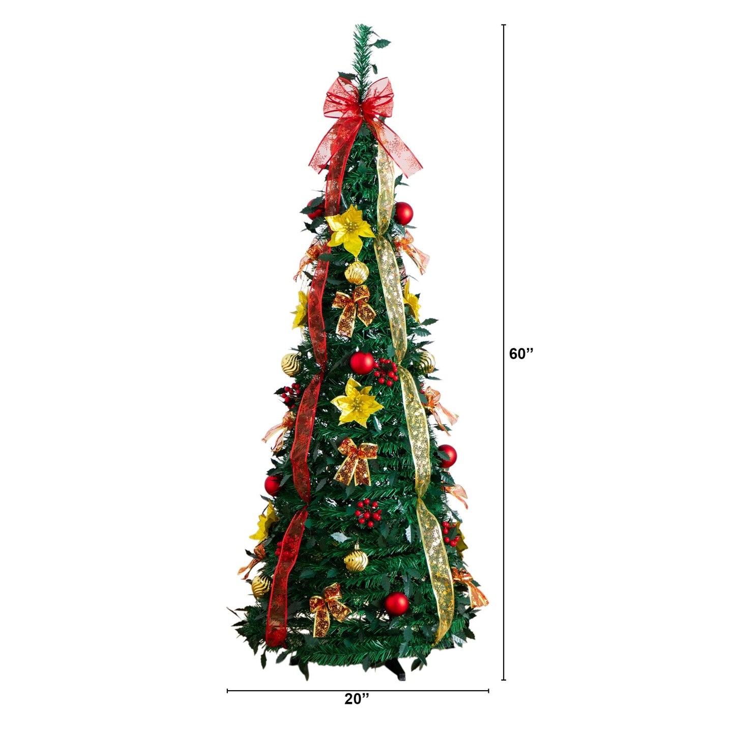 5ft pre-lit Christmas tree with red and gold ornaments and ribbons, 100 warm-white LEDs on Tampa Home & Garden Store