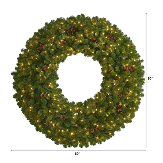 5’ Giant Artificial Christmas Wreath with 280 Warm White Lights and Pine Cones - Tampa Home & Garden Store