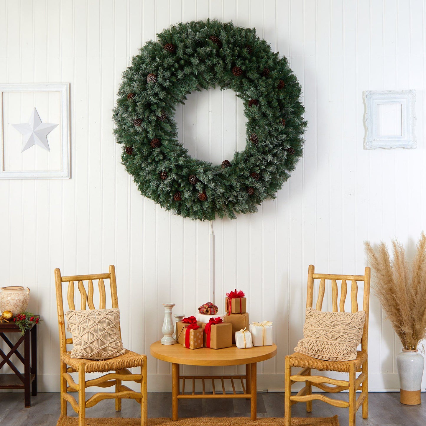 5’ Giant Flocked Christmas Wreath with Pinecones by Nearly Natural, green pine needles on Tampa Home & Garden Store
