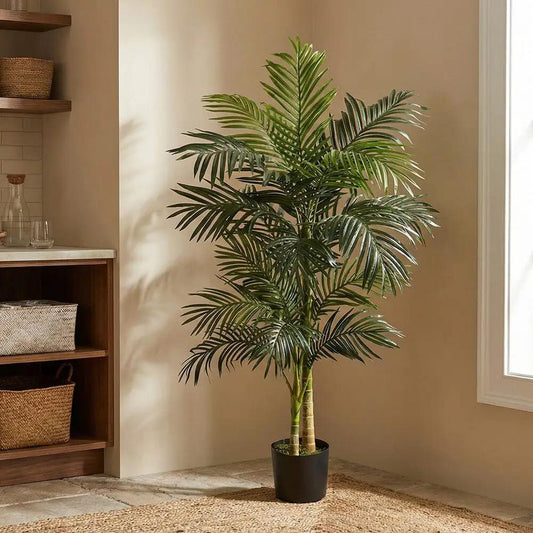 Artificial Golden Cane Palm Tree with 2 Trunks in a black pot with green fronds Nearly Natural on Tampa Home & Garden Store
