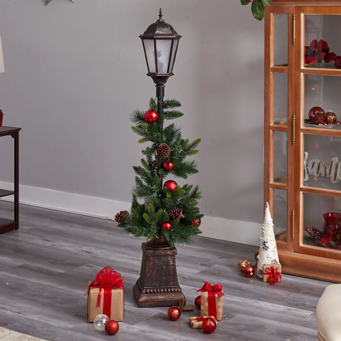 Holiday Lamp Post with Greenery and Lights by Nearly Natural, black metal finish on Tampa Home & Garden Store