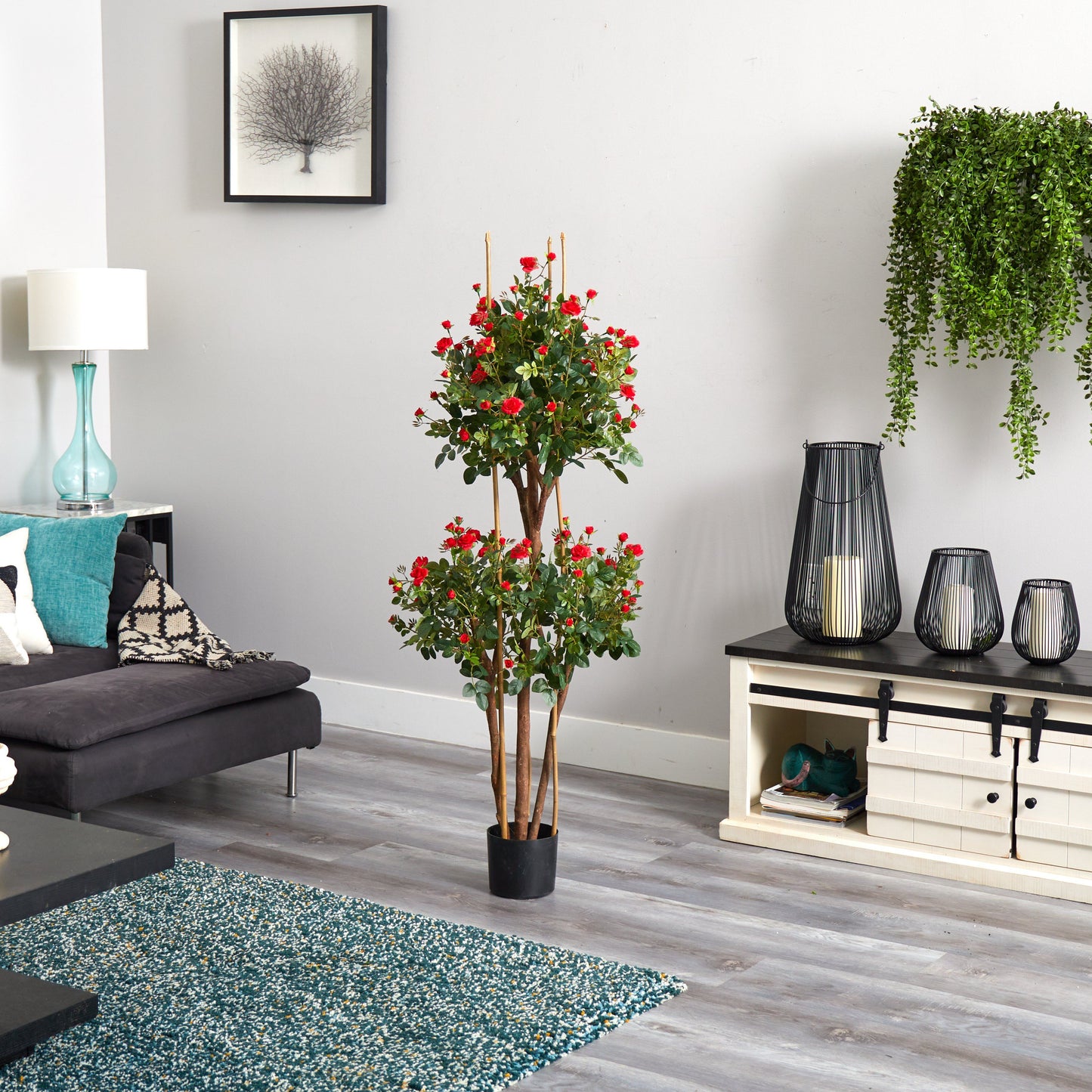 5' Mini Rose Silk Tree Nearly Natural red silk roses in a black pot on Tampa Home & Garden Store