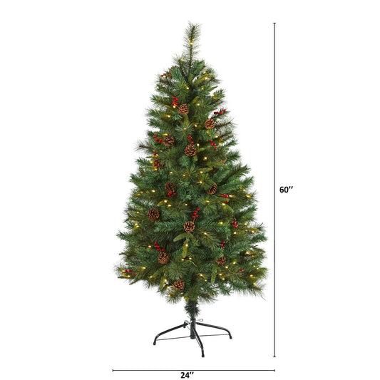 Nearly Natural 5 ft mixed pine Christmas tree with LED lights, pine cones and berries on Tampa Home & Garden Store