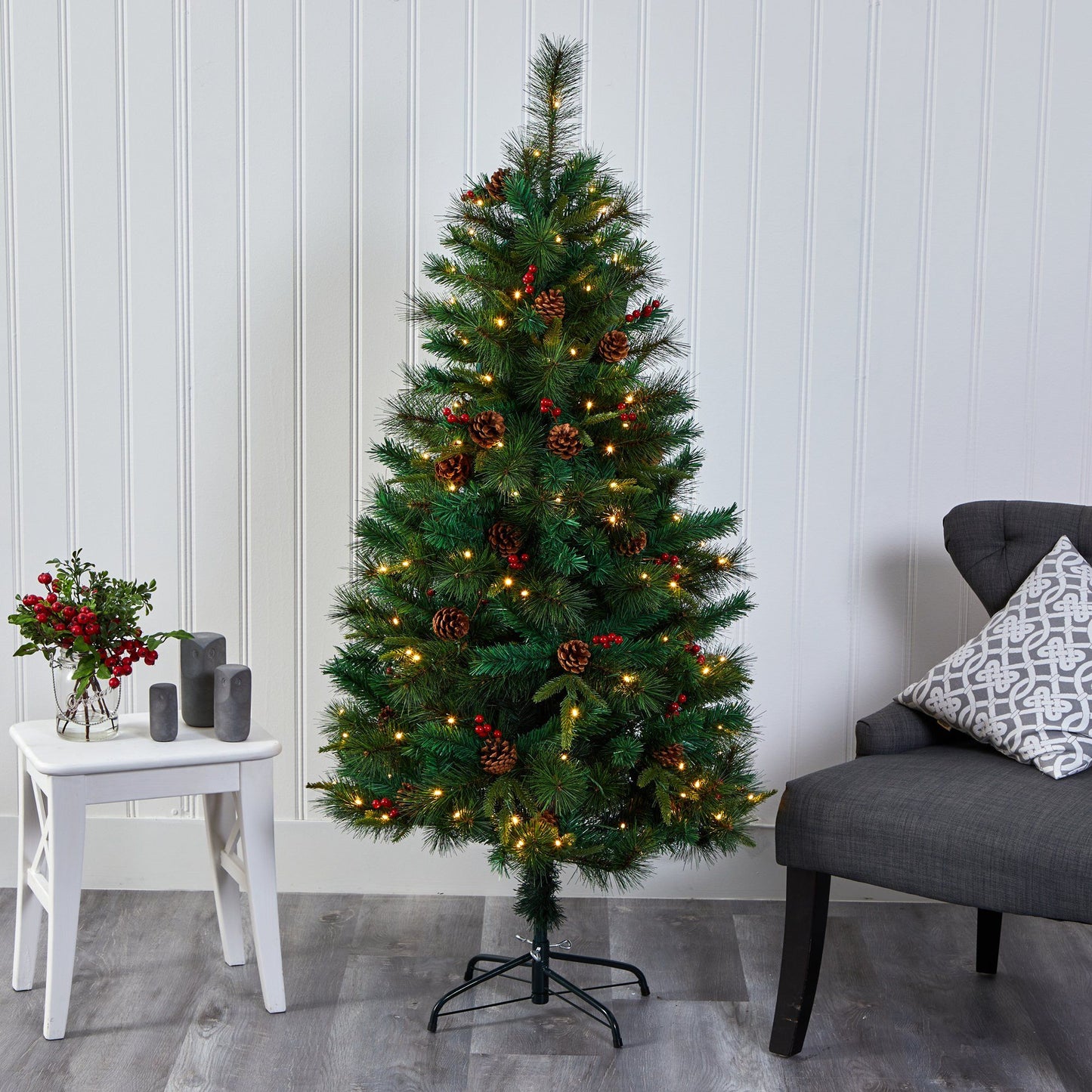 5 ft Mixed Pine Christmas Tree with LED lights, pinecones and red berries by Nearly Natural on Tampa Home & Garden Store