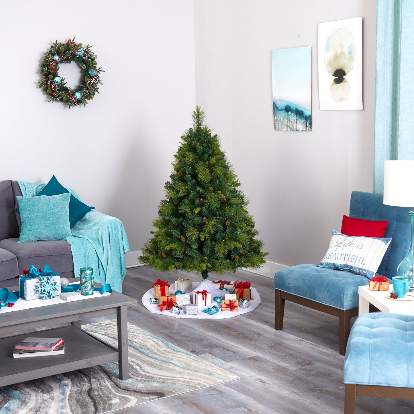 5’ North Carolina Mixed Pine Christmas Tree with 200 warm white LED lights, 711 bendable branches on Tampa Home & Garden Store