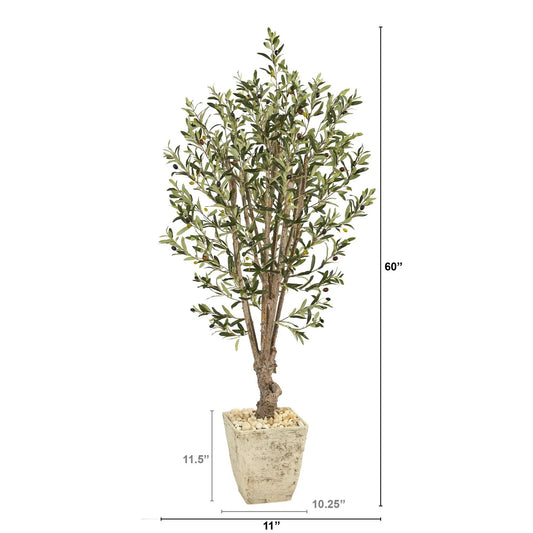 Olive artificial tree in a country white planter with green leaves and olives by Nearly Natural on Tampa Home & Garden Store