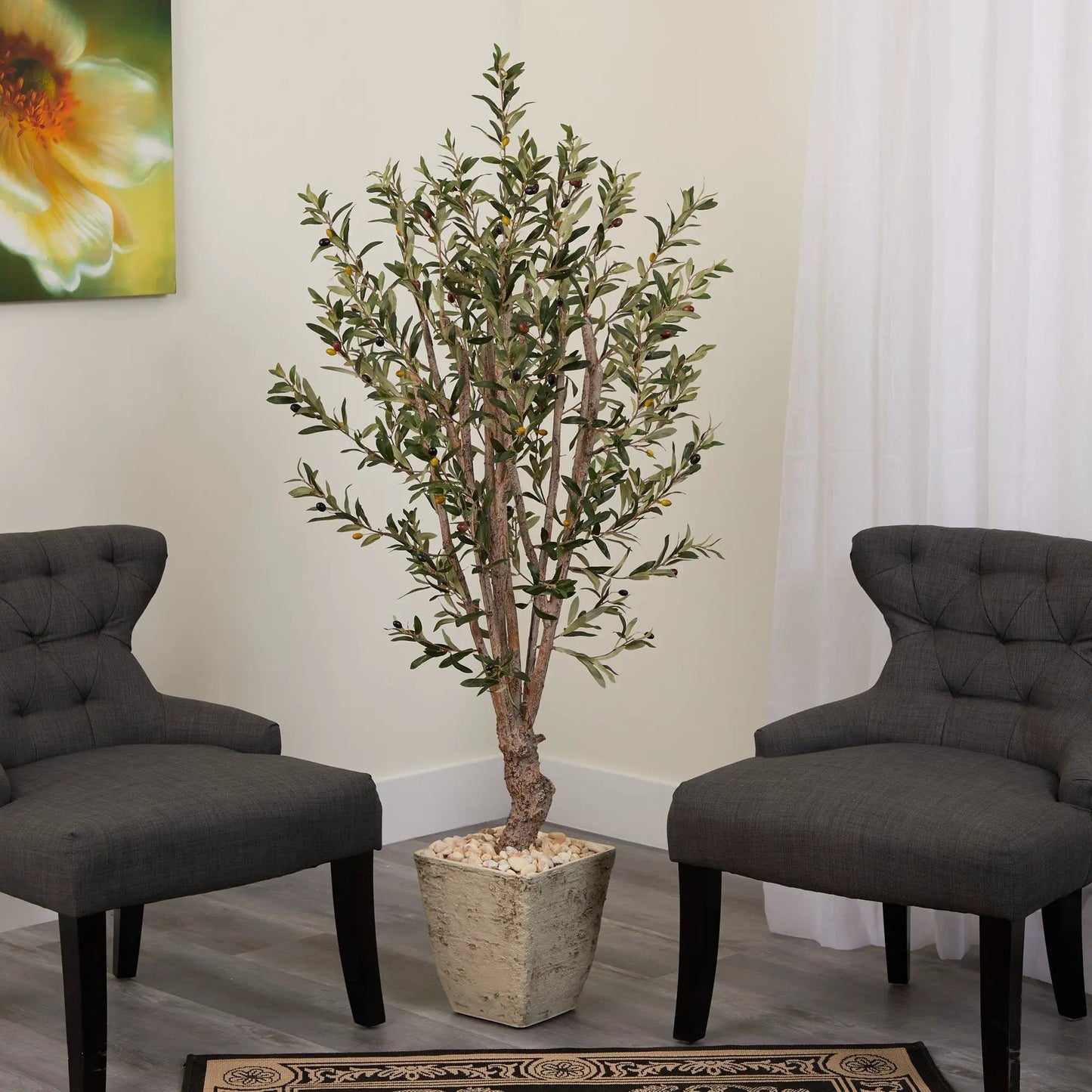 Olive artificial tree from Nearly Natural in a country white planter with rocks indoors on Tampa Home & Garden Store