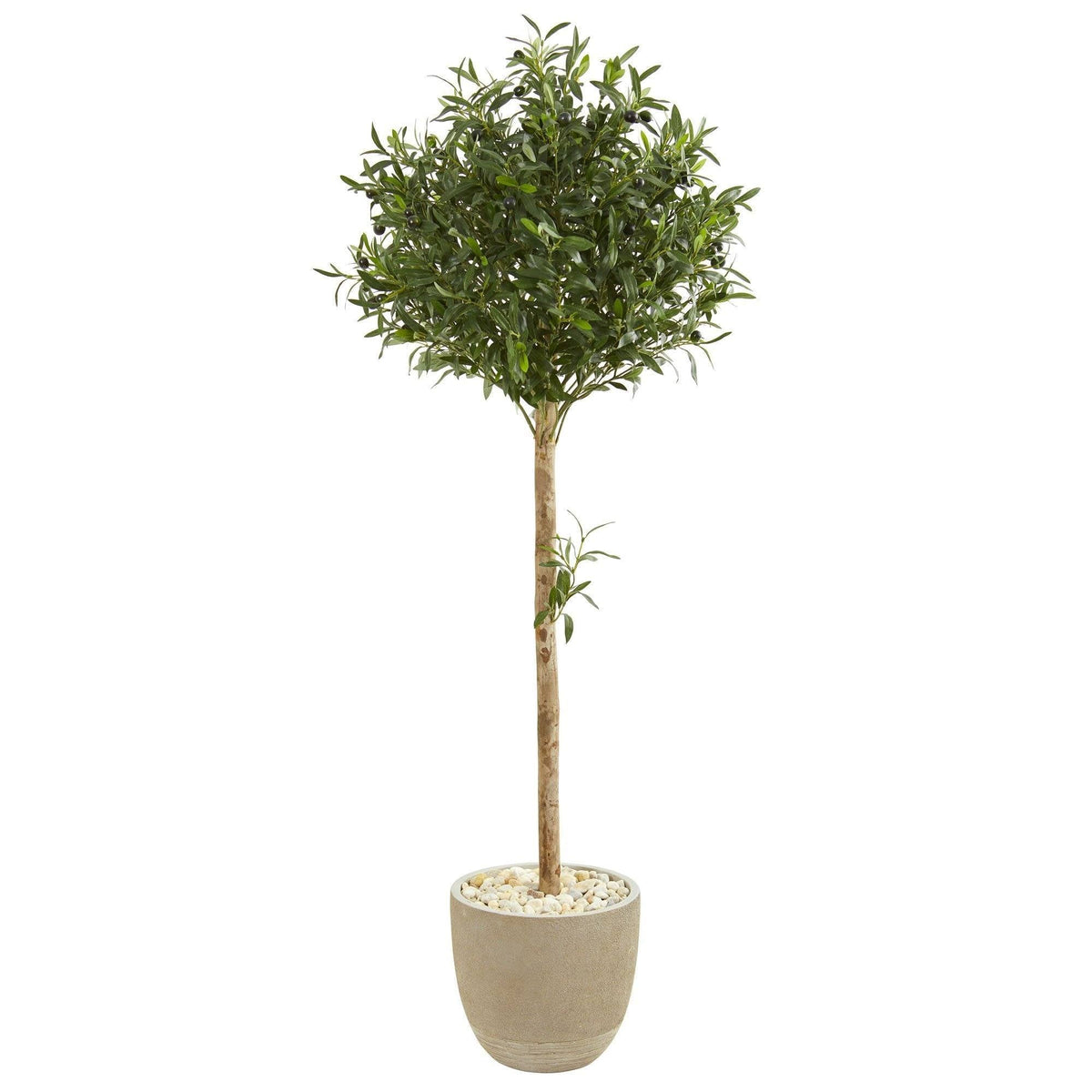 5 ft olive topiary artificial tree in sand stone planter with lush green leaves and dark berries on Tampa Home & Garden Store
