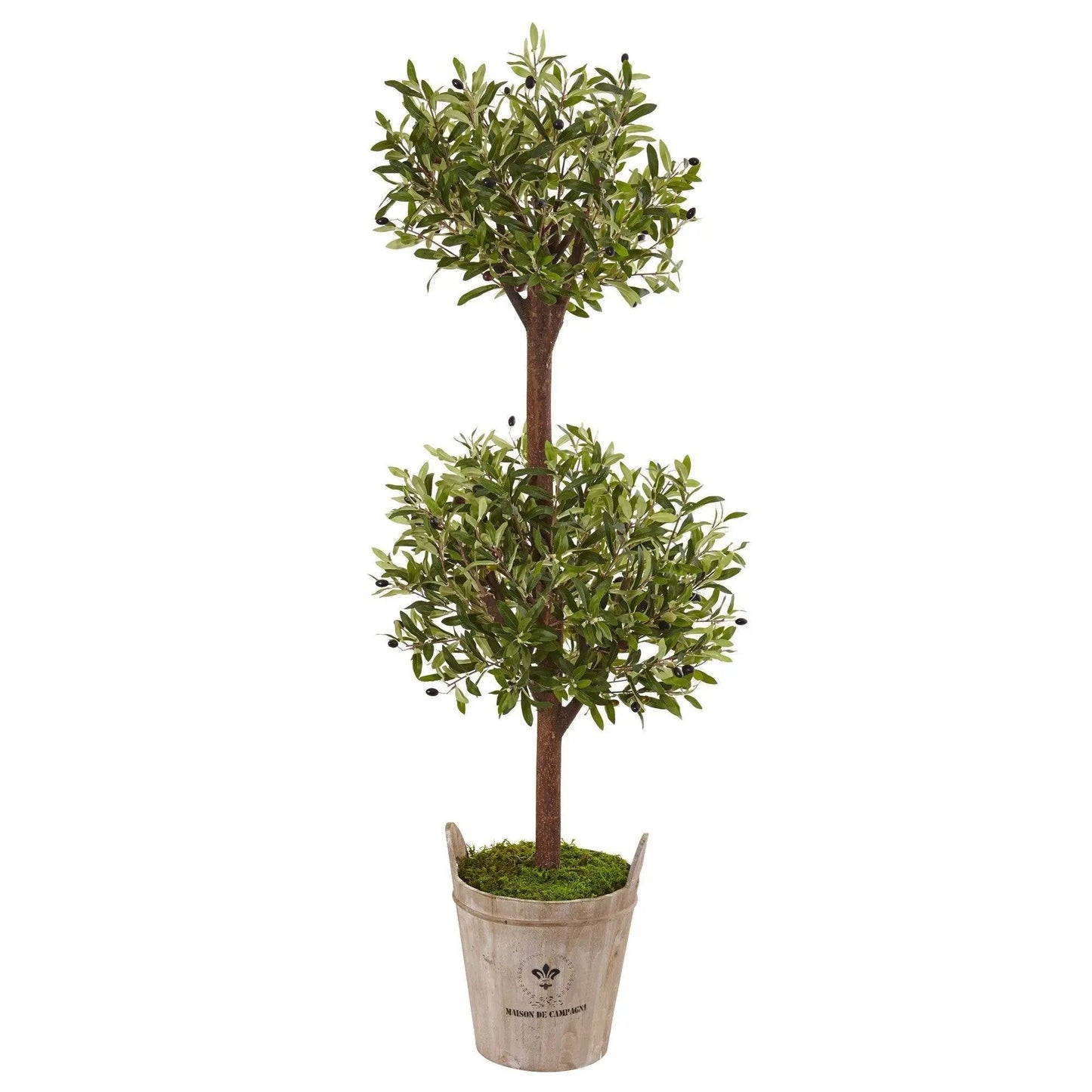 Olive Tree in Farmhouse Planter with Moss, Nearly Natural artificial tree with green leaves and olives on Tampa Home & Garden Store