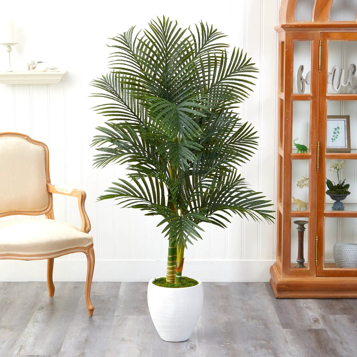 Paradise Palm Artificial Tree in White Planter by Nearly Natural with lush green fronds on Tampa Home & Garden Store