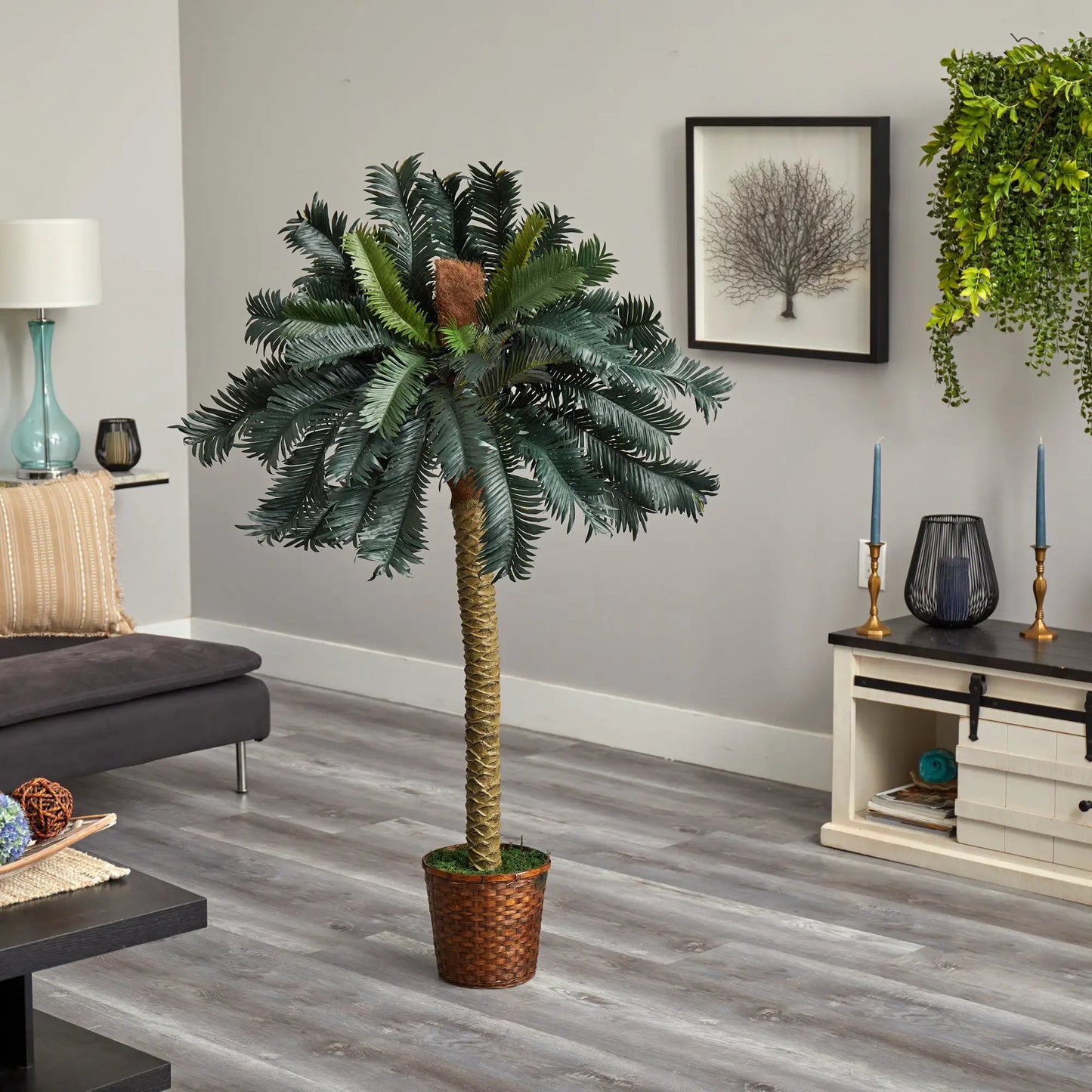 Five Foot Sago Palm artificial tree in woven basket with dark green fronds on Tampa Home & Garden Store