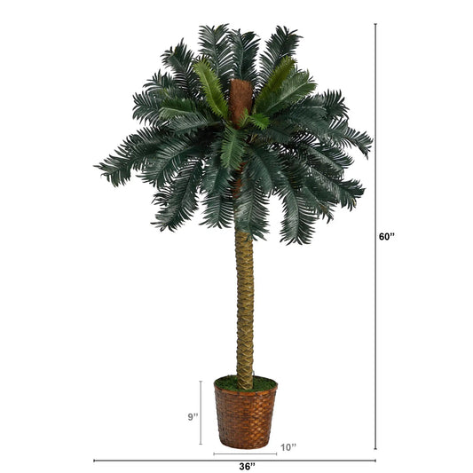 Nearly Natural five foot sago palm artificial tree in a woven basket with lush dark green fronds on Tampa Home & Garden Store