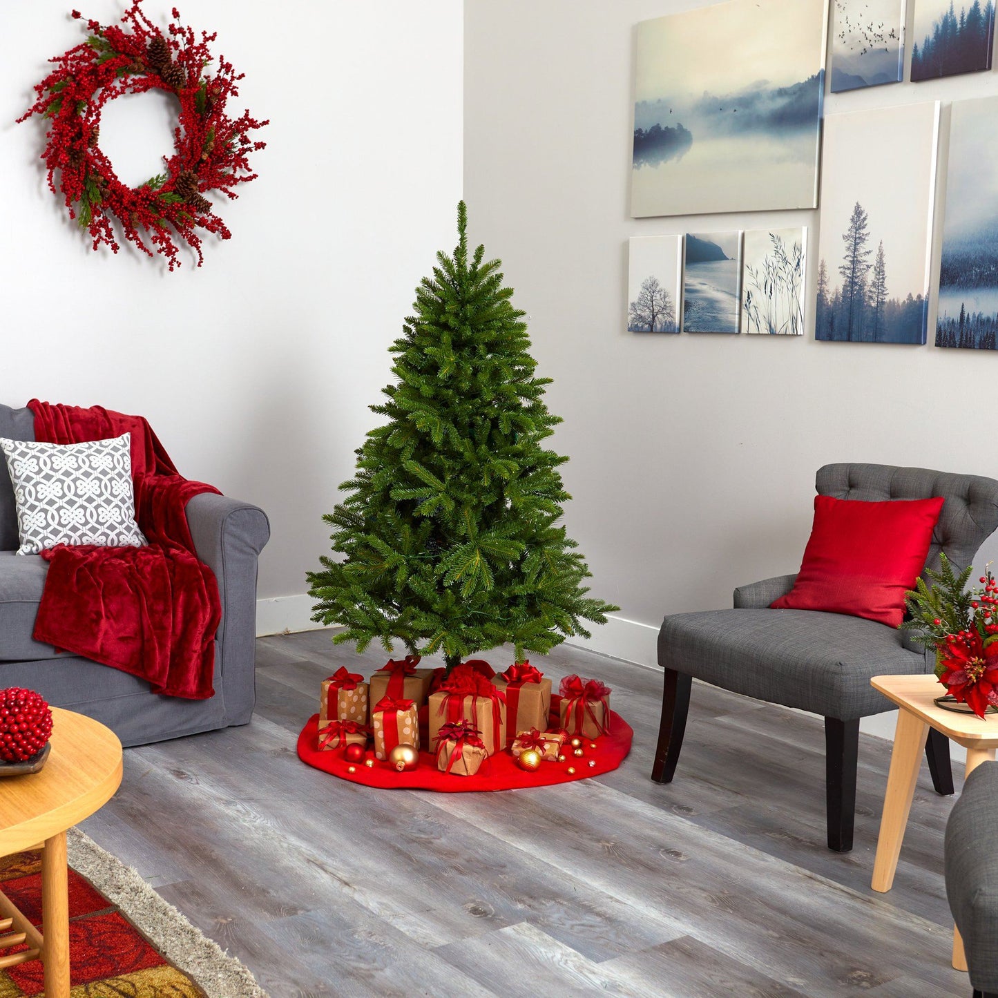 Sierra Spruce Artificial Christmas Tree with LED lights, lush green branches in living room on Tampa Home & Garden Store