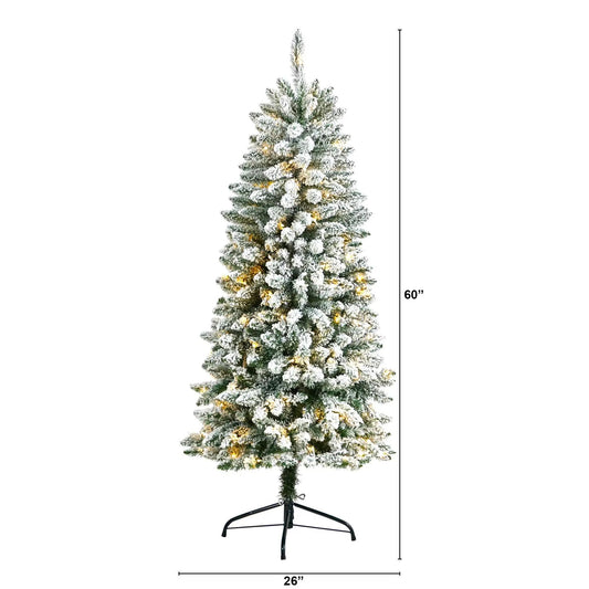 5’ Slim Flocked Montreal Fir Christmas Tree with 150 Warm White LED Lights and 491 Bendable Branches - Tampa Home & Garden Store